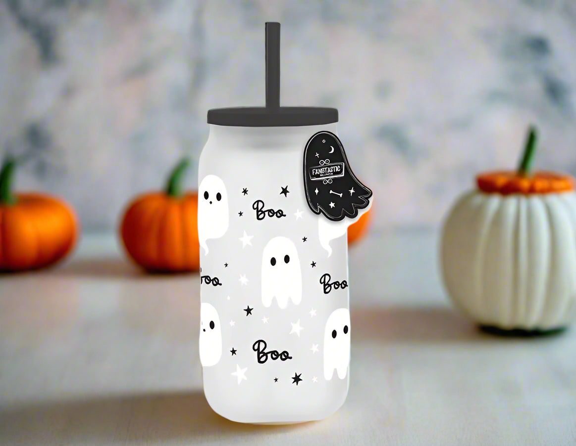 ghost glass mason jar with straw (black)