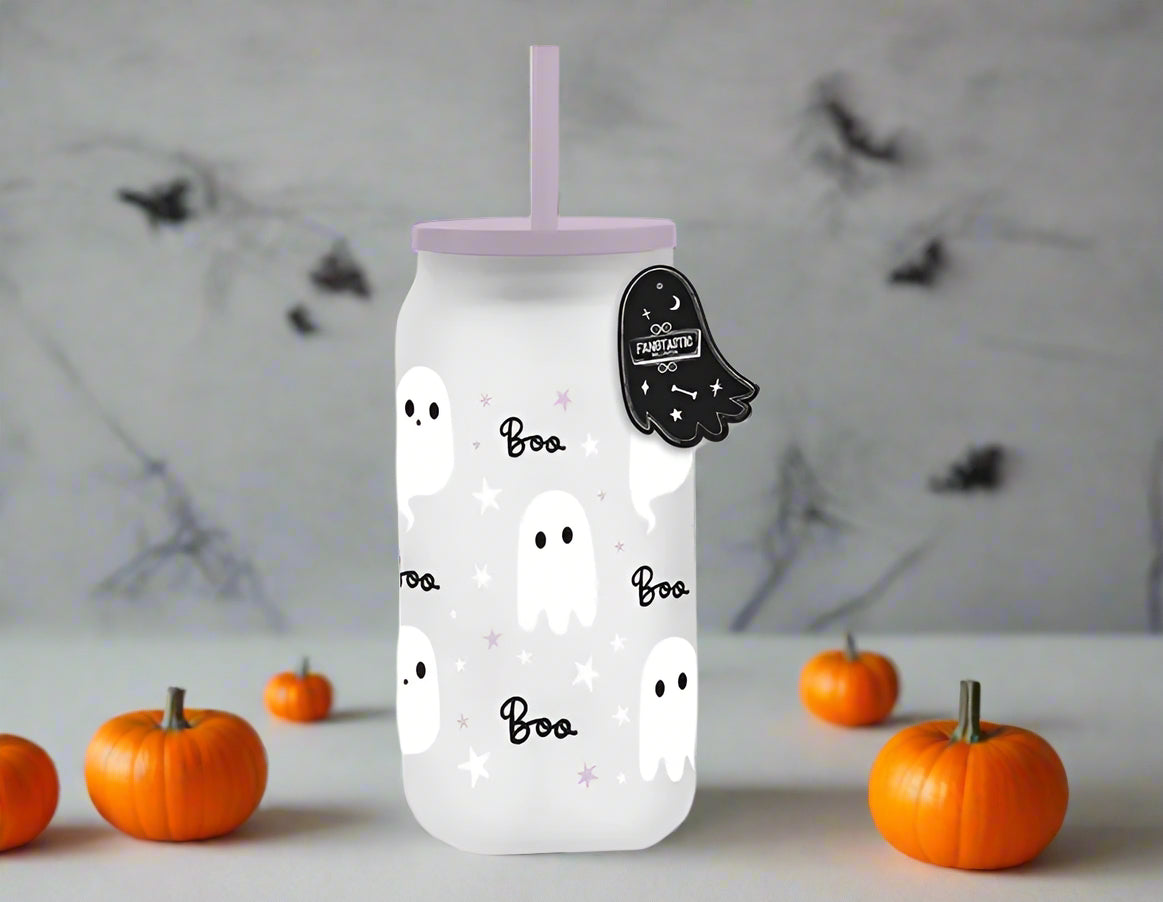 ghost glass mason jar with straw (lilac)