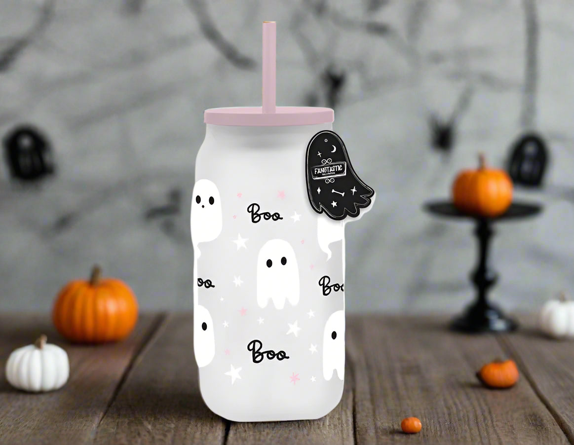 ghost glass mason jar with straw (pink)
