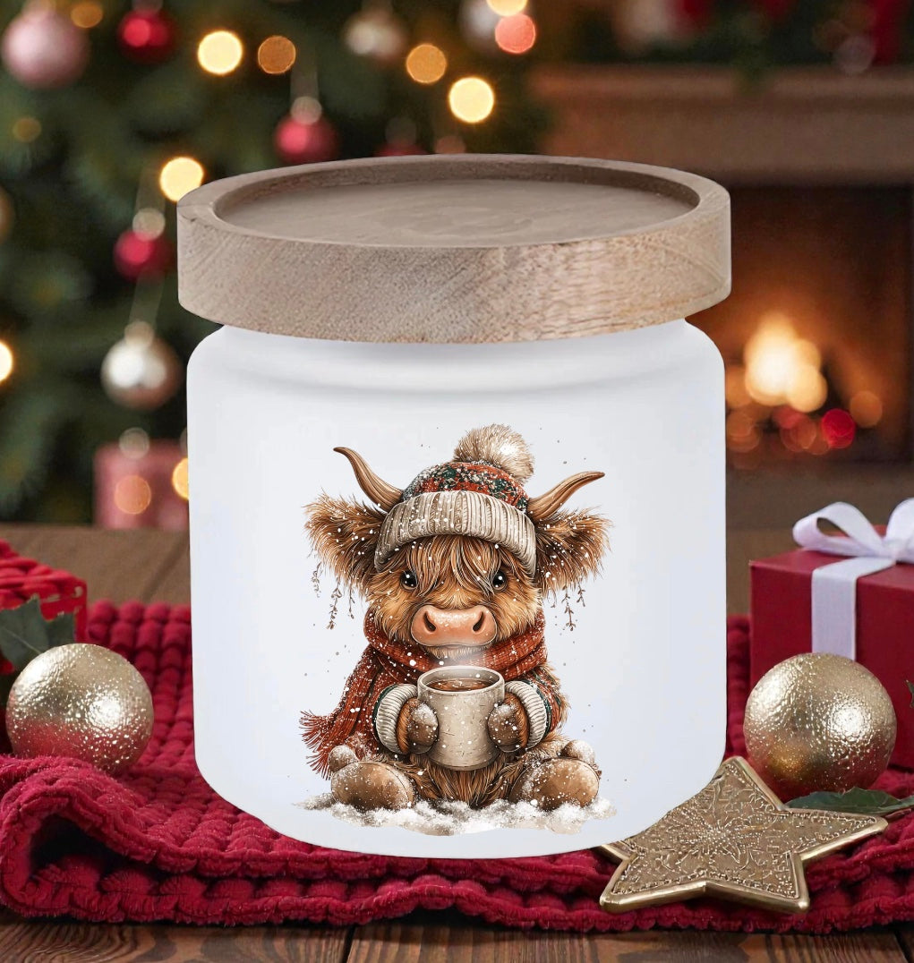 Frosted Glass Storage jar small Highland Cow