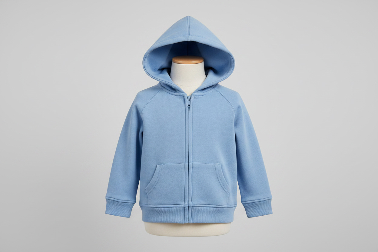 Baby Blue Zipped Hoodie on baby mannequin, light grey background