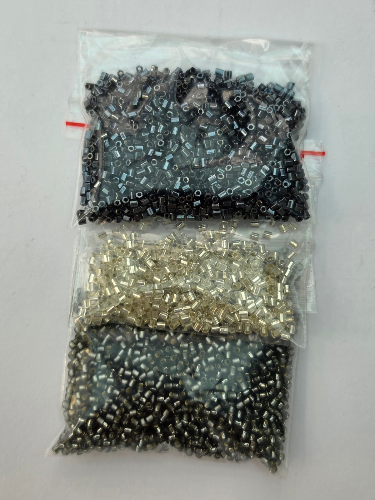 Czech Glass Two-Cut Seed Beads – Black, Silver & Champagne – 3 Bags