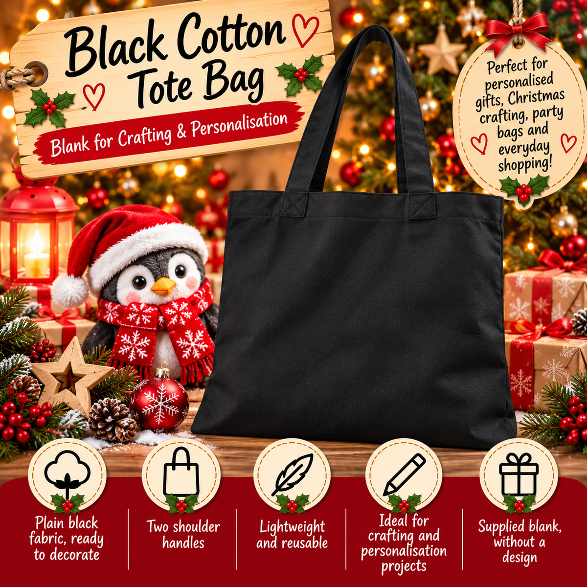 Black Cotton Tote Bag – Plain Blank Bag for Crafting & Personalisation