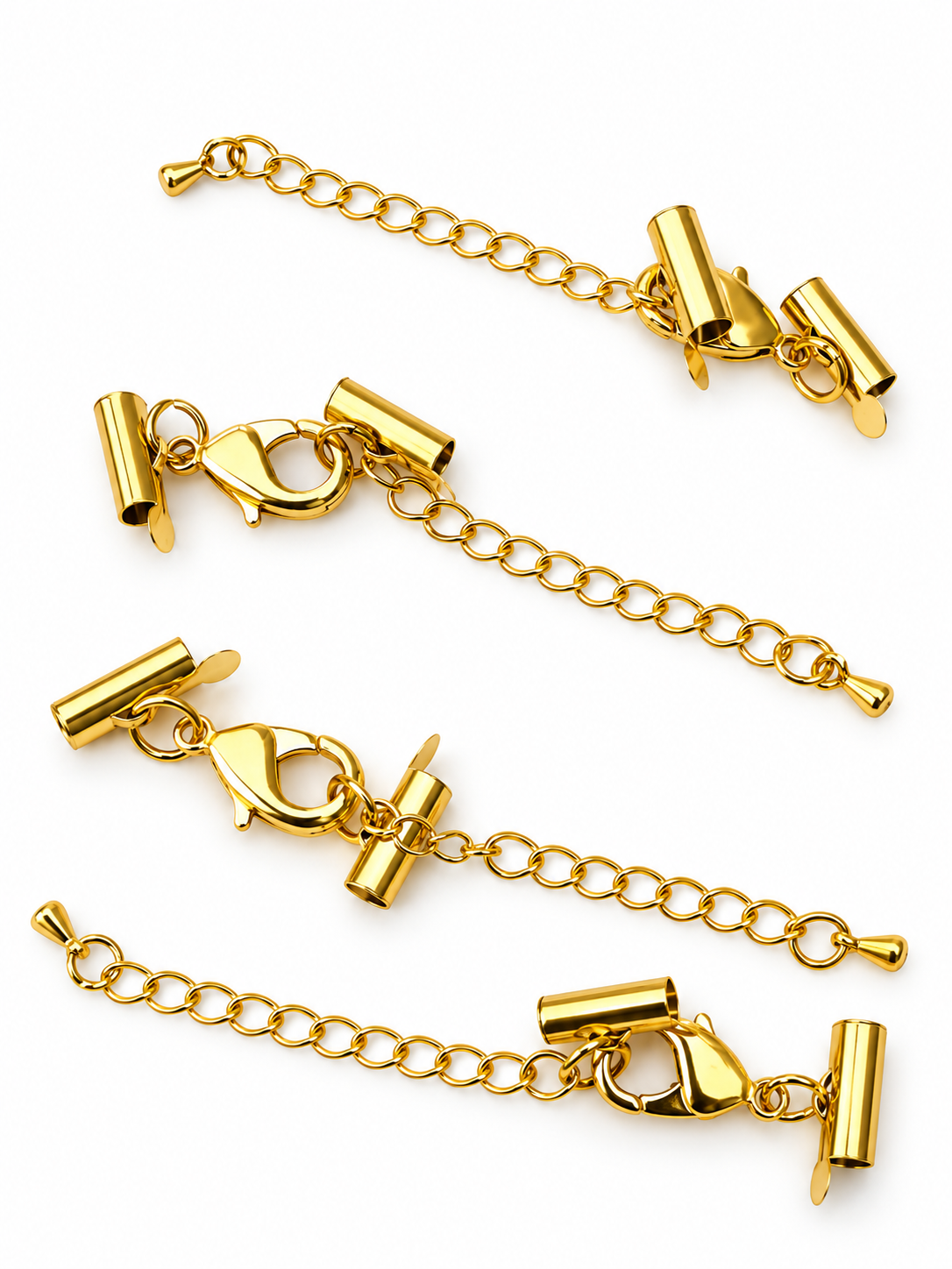 Gold Coloured Cord End Clasp Sets with Lobster Clasps & Extender Chains – 4 Sets