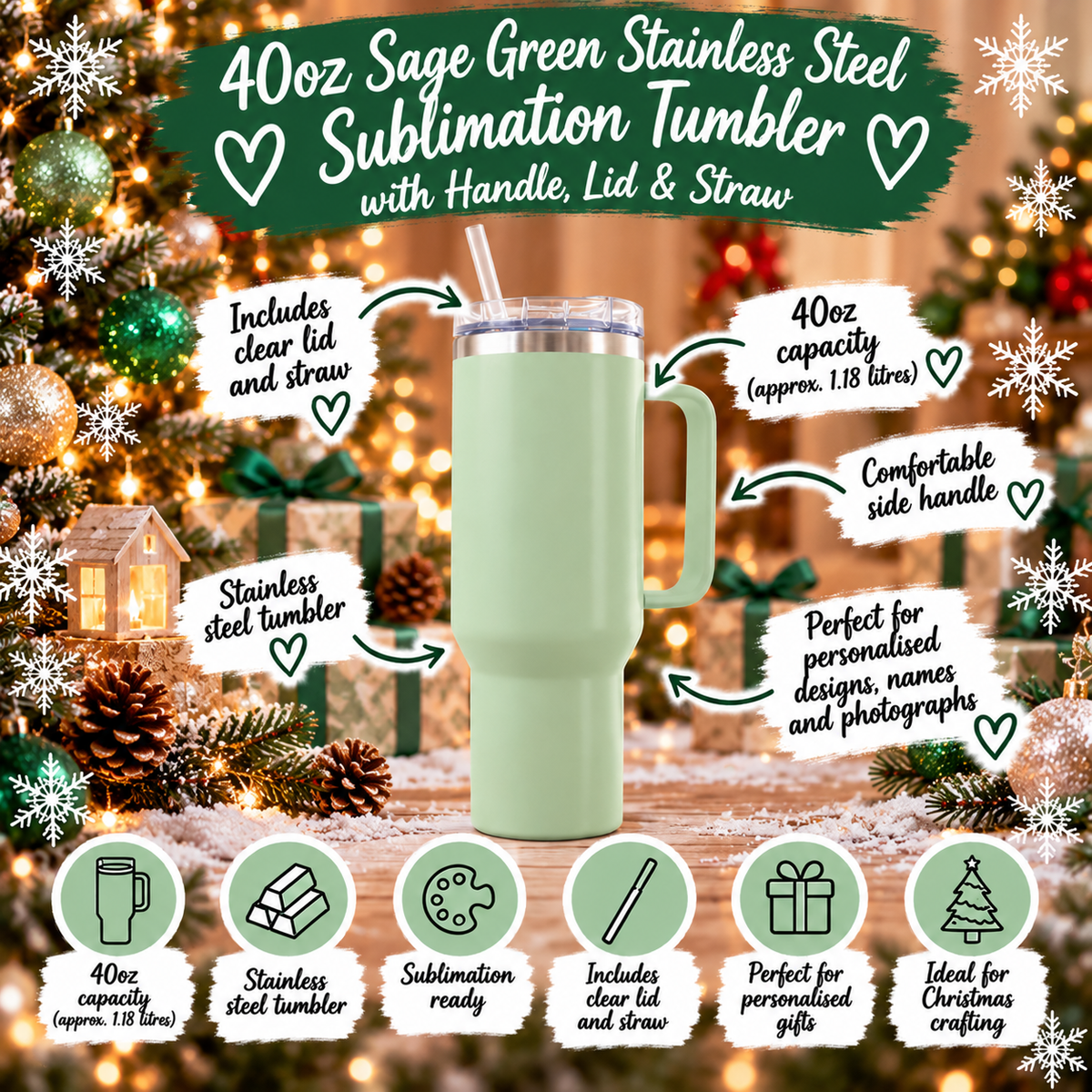 š Sage Green 40oz Sage Green Stainless Steel Sublimation Tumbler with Handle, Lid & Straw