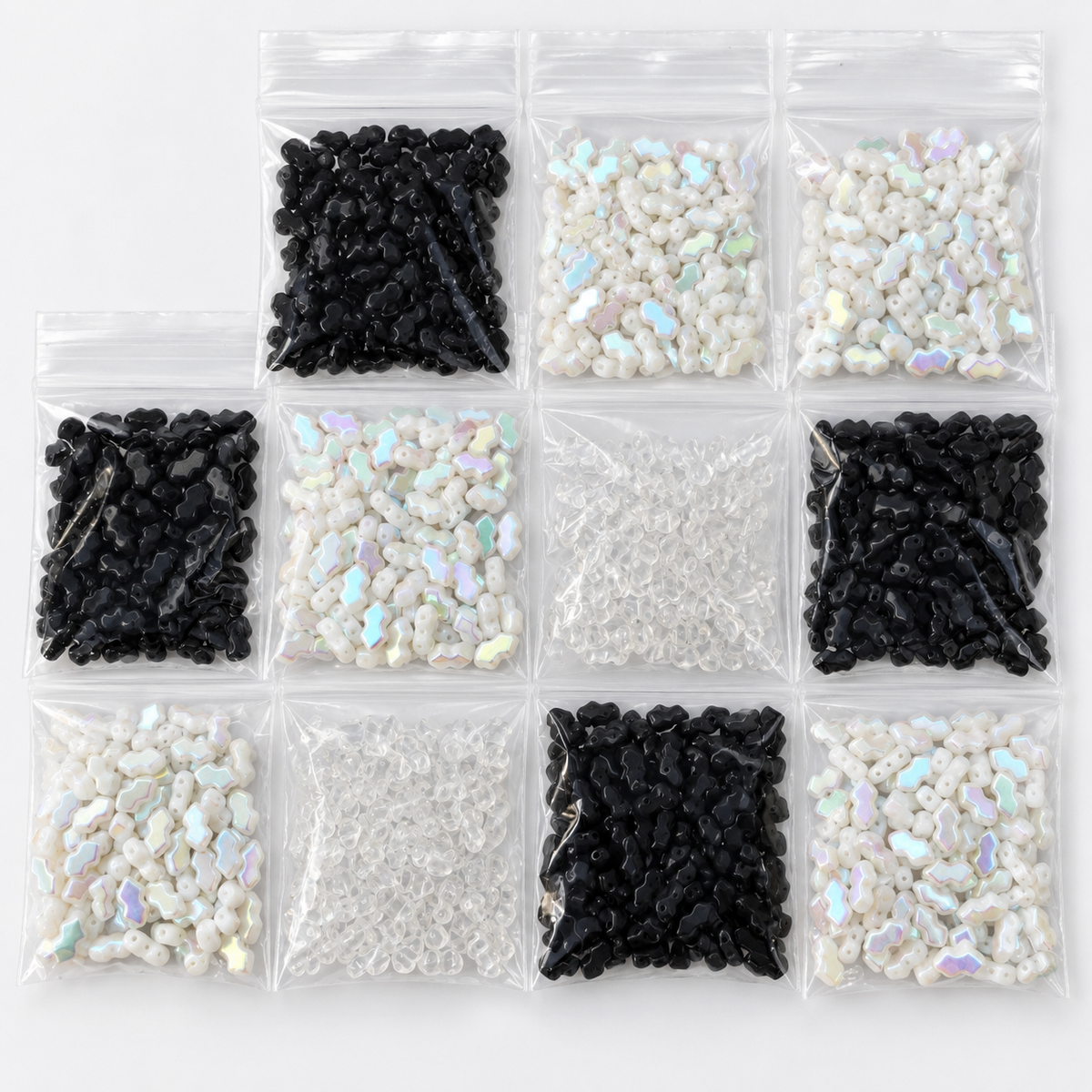 Czech Glass Farfalle / Peanut Beads – Black, White AB & Clear – 11 Bags