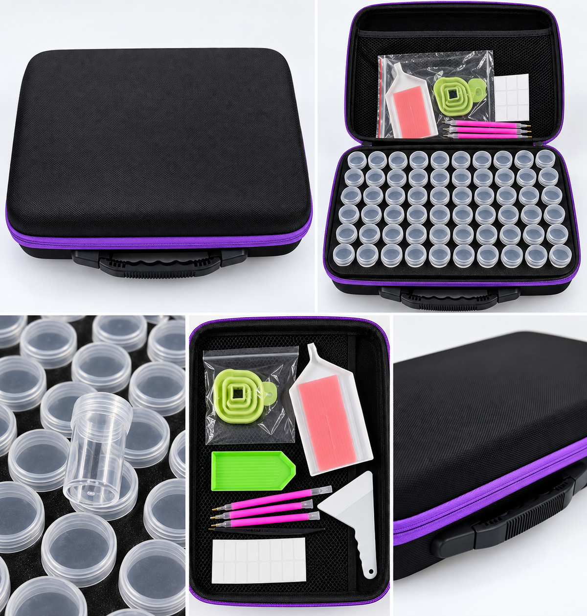 60-Pot Diamond Painting Storage Case with Complete Accessory Kit – Black & Purple