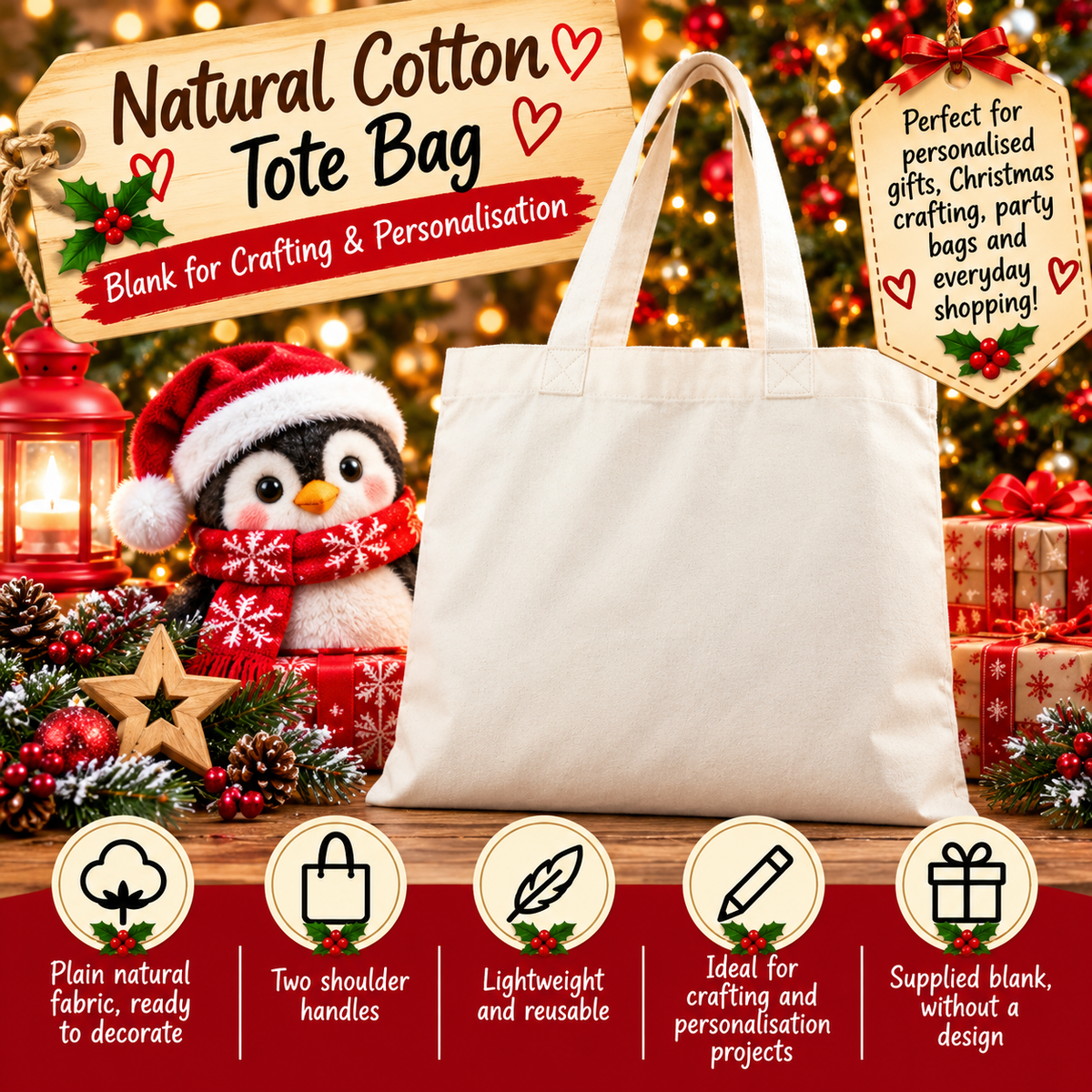 Natural Cotton Tote Bag – Plain Blank Bag for Crafting & Personalisation