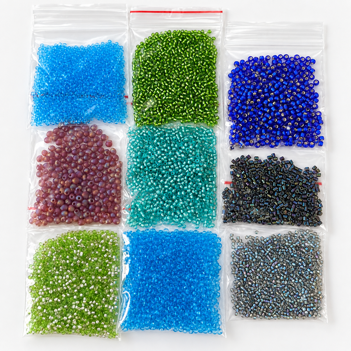 Mixed Seed Beads – Bright Blue, Green & Purple – 9 Large Bags