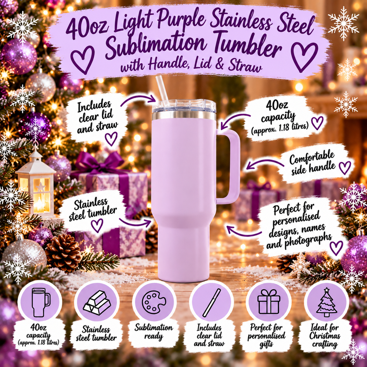 Light purple 40oz Sage Green Stainless Steel Sublimation Tumbler with Handle, Lid & Straw