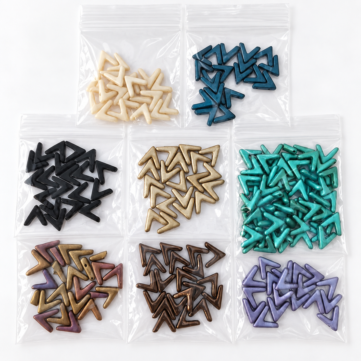 Czech Glass Open Triangle Beads – Mixed Colours & Finishes – 8 Bags