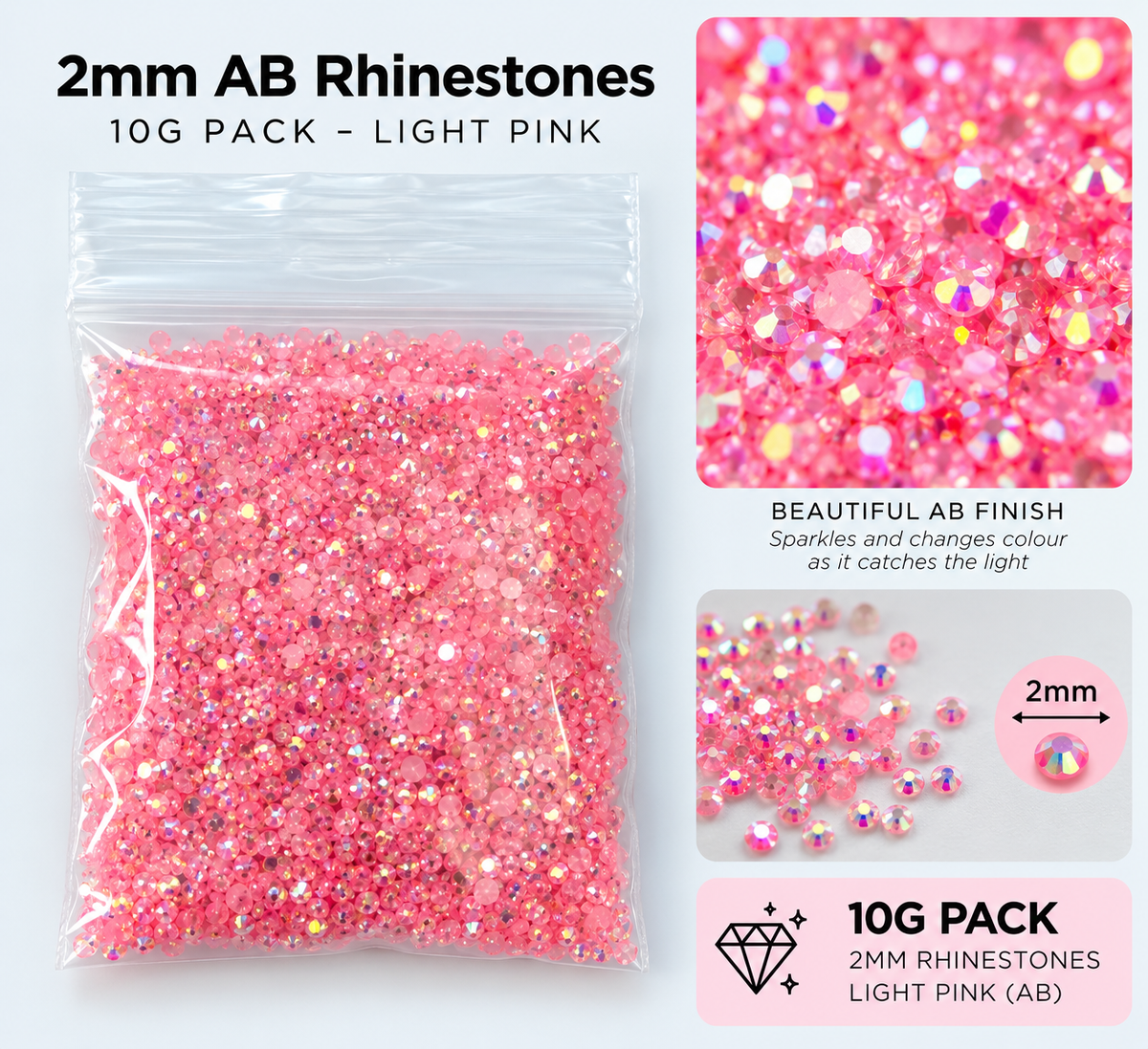 2mm AB Rhinestones – 10g Pack – Choose Your Colour