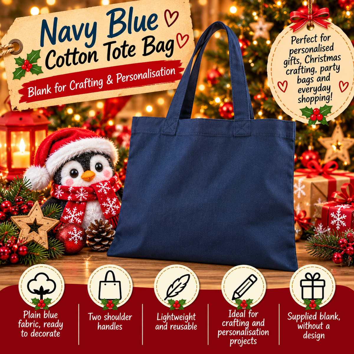 Navy Blue Cotton Tote Bag – Plain Blank Bag for Crafting & Personalisation