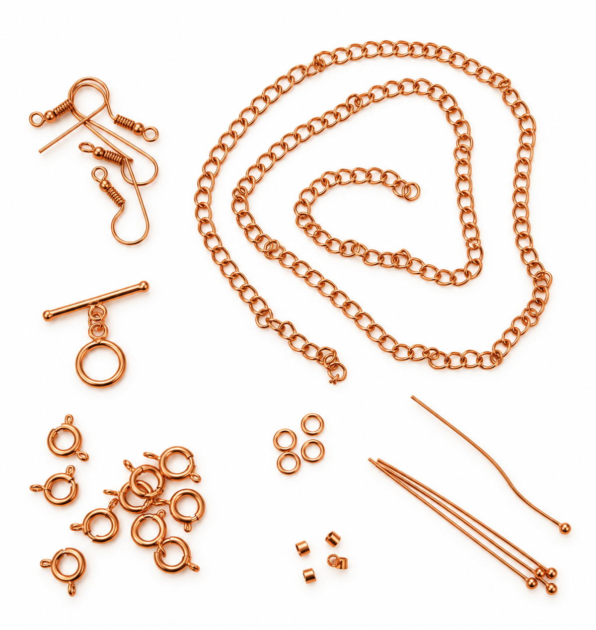 Rose Gold Coloured Jewellery Findings – Mixed Chain, Clasps, Rings & Pins