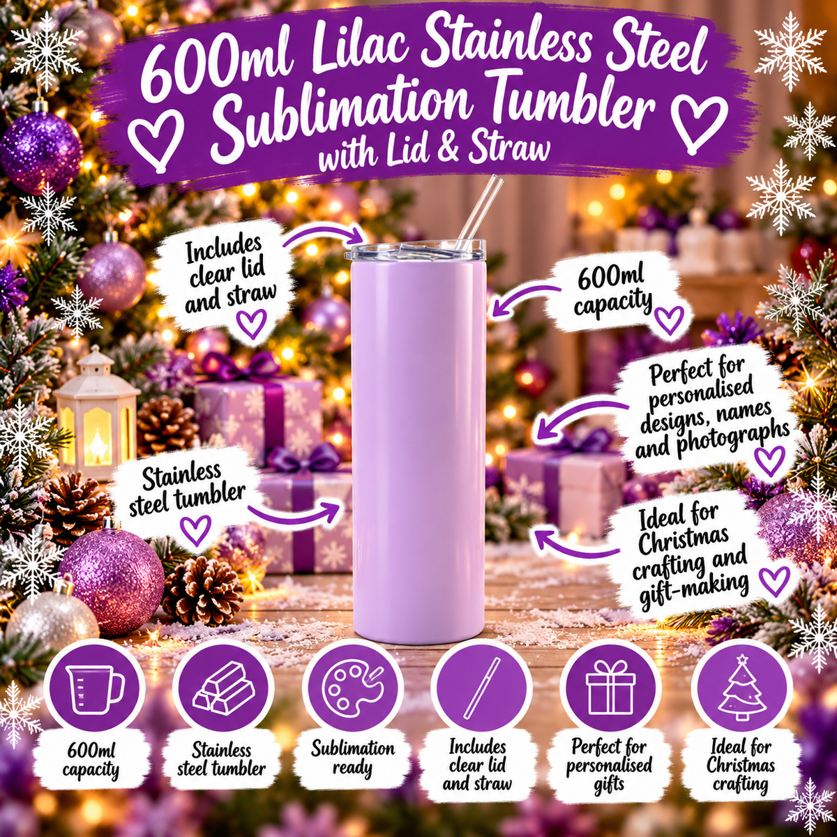 600ml purple Stainless Steel Sublimation Tumbler with Lid & Straw