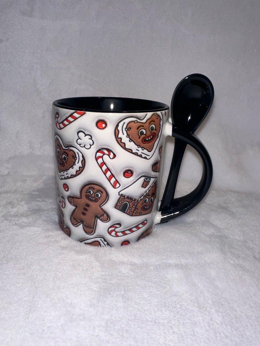 11oz Black Mug with spoon gingerbread