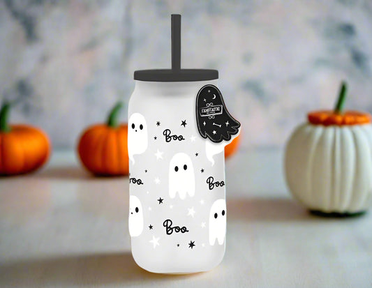 ghost glass mason jar with straw (black)