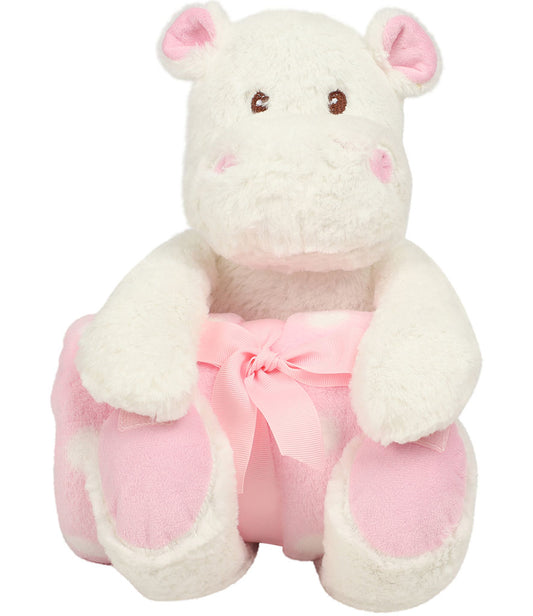 Mumbles Hippo with Printed Fleece Blanket Pink