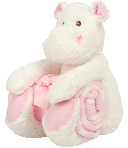 Mumbles Hippo with Printed Fleece Blanket Pink