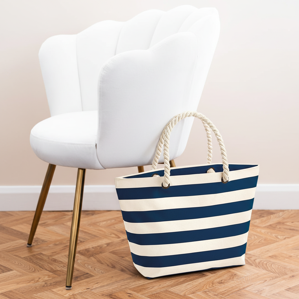 Beach Bag (french navy) #1 next to white velvet chair
