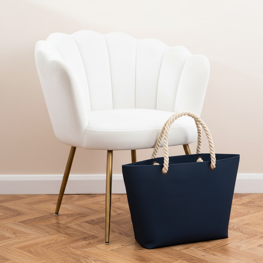 Beach Bag (french navy) #2 next to white velvet chair