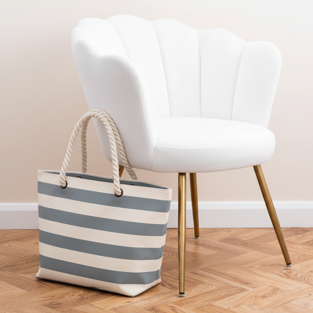 Beach Bag (natural/grey) next to white velvet chair