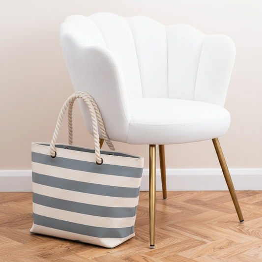 Beach Bag (natural/grey) next to white velvet chair