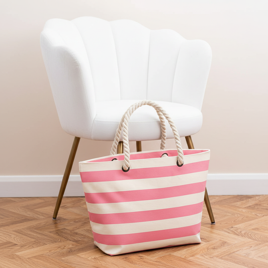 Beach Bag (natural/pink) next to white velvet chair
