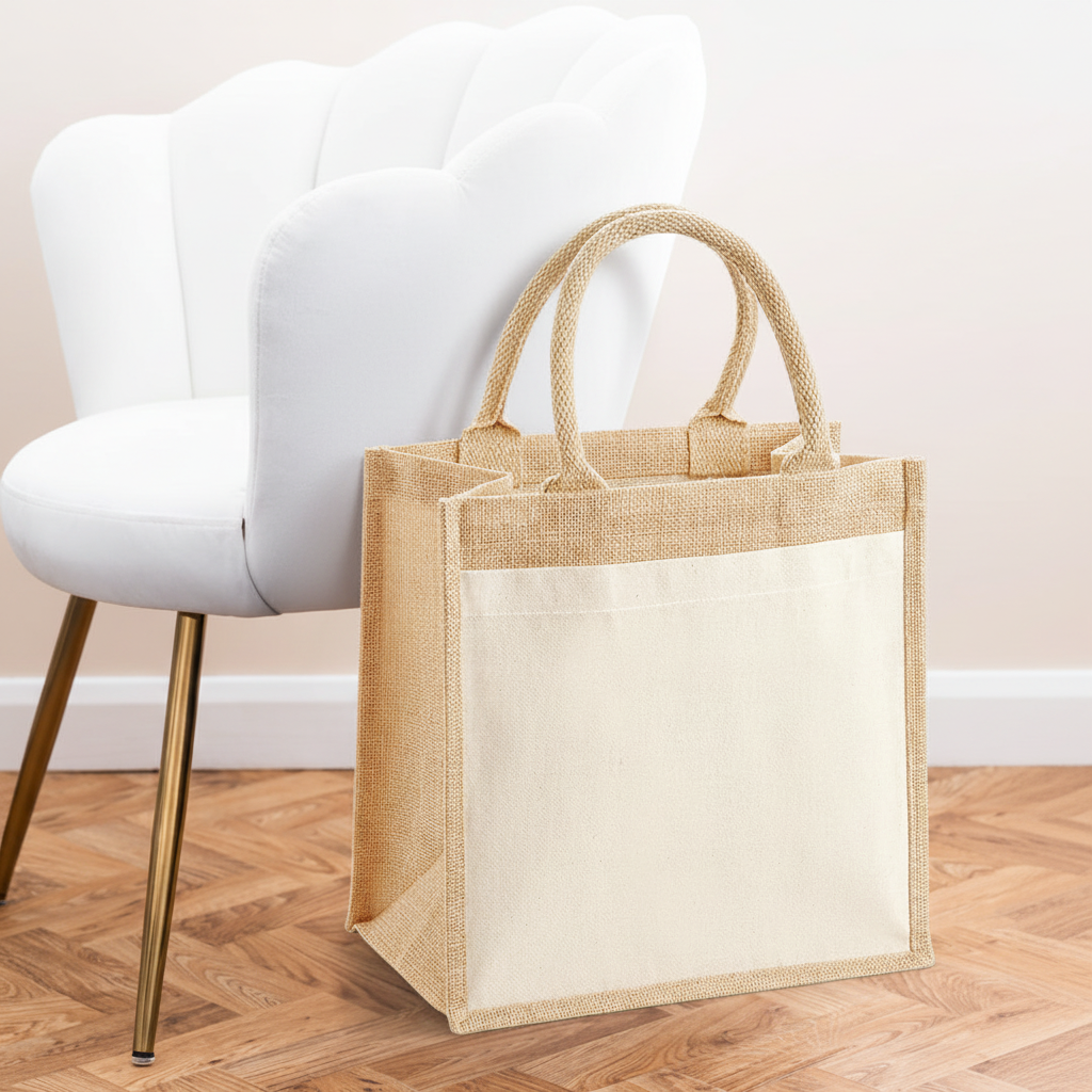 Cotton Pocket Jute Midi Tote with aesthetic background