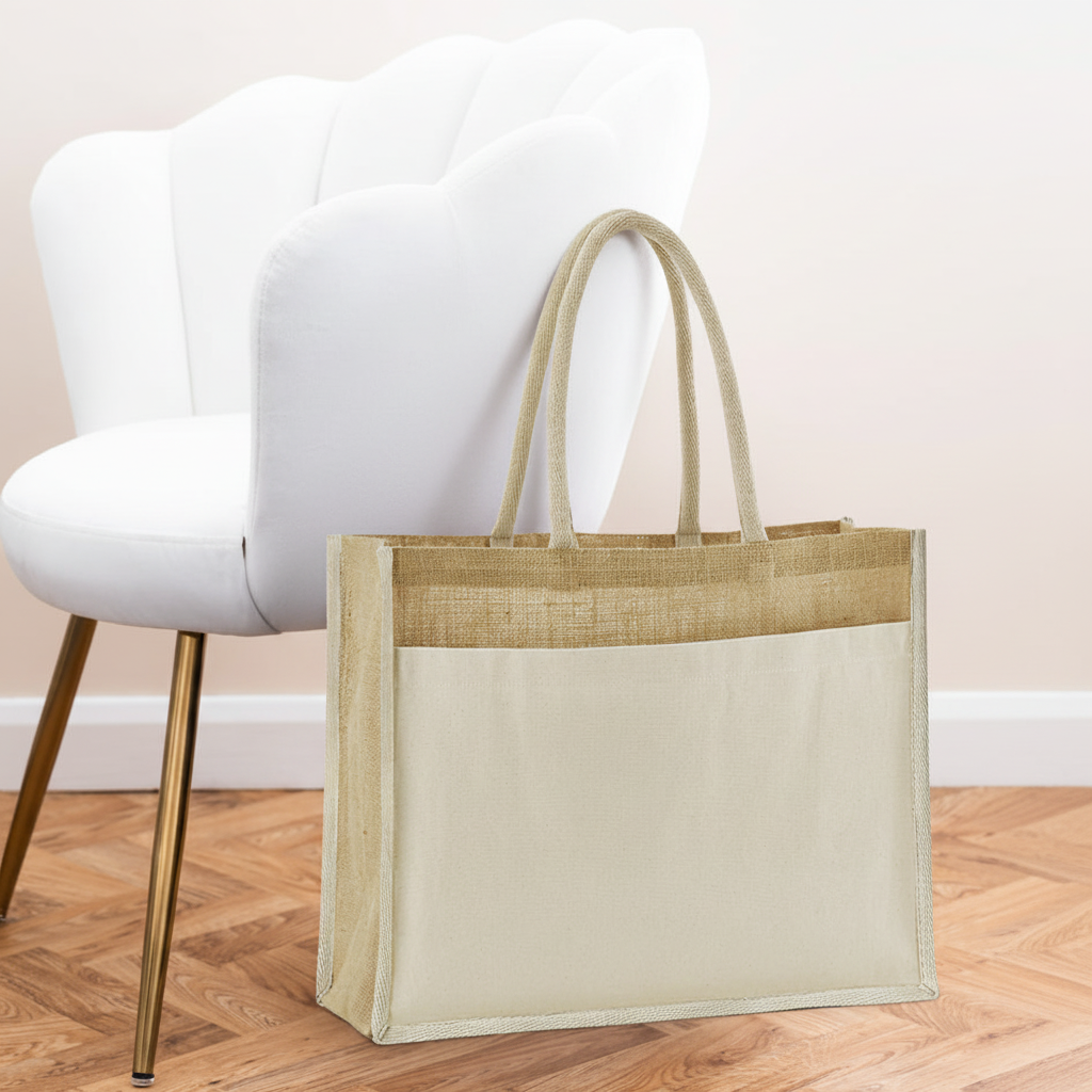 Cotton Pocket Natural Starched Jute Shopper with aesthetic background