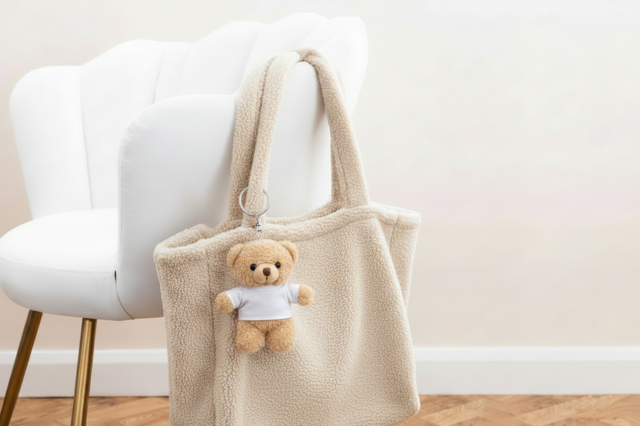 Cream Fleece Shopper with Bear Keyring