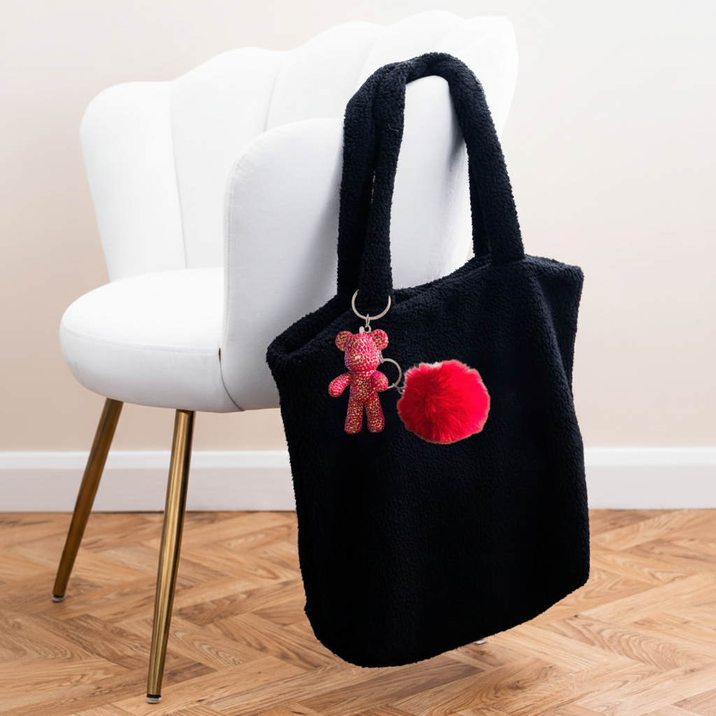 Diamond Art Keyring #1 on black fleece shopper with white velvet chair