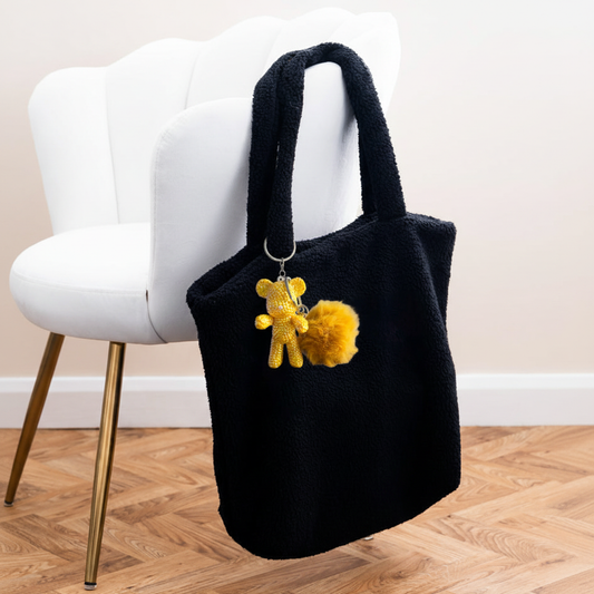 Diamond Art Keyring #2 on black fleece shopper with white velvet chair
