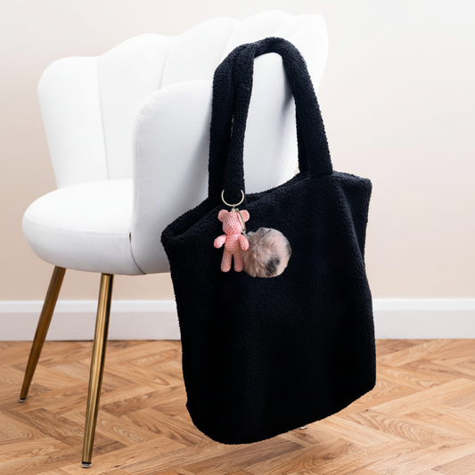 Diamond Art Keyring #3 on black fleece shopper with white velvet chair