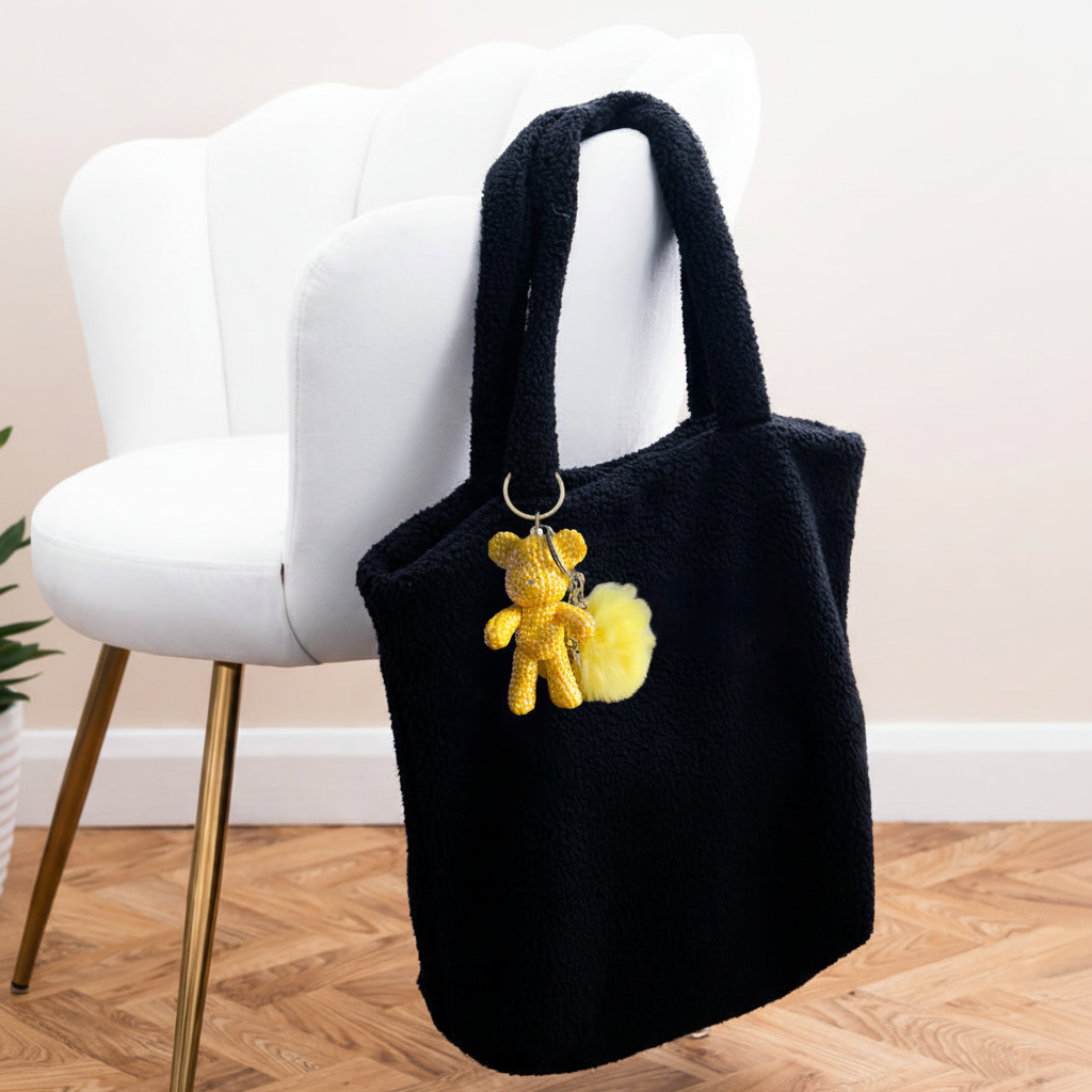 Diamond Art Keyring #4 on black fleece shopper with white velvet chair