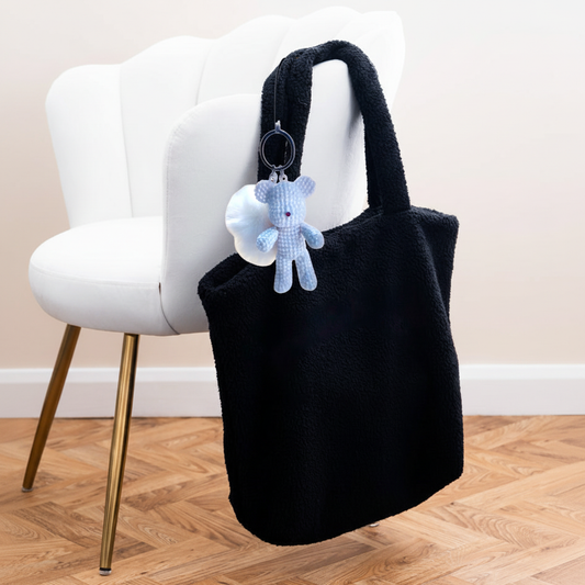 Diamond Art Keyring #5 on black fleece shopper with white velvet chair