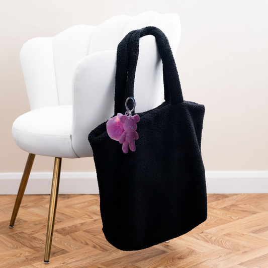 Diamond Art Keyring #6 on black fleece shopper with white velvet chair