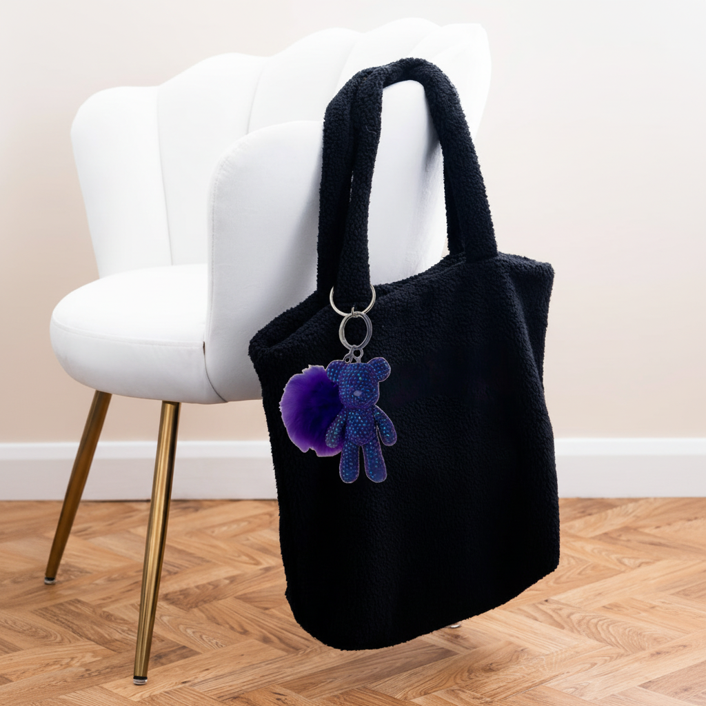 Diamond Art Keyring #7 on black fleece shopper with white velvet chair