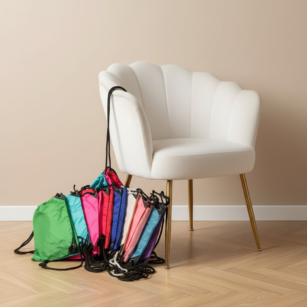 Drawstring Tote Backpack next to white velvet chair