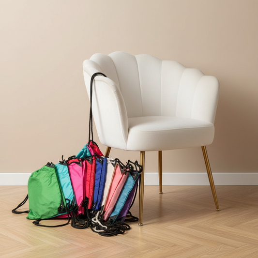 Drawstring Tote Backpack next to white velvet chair