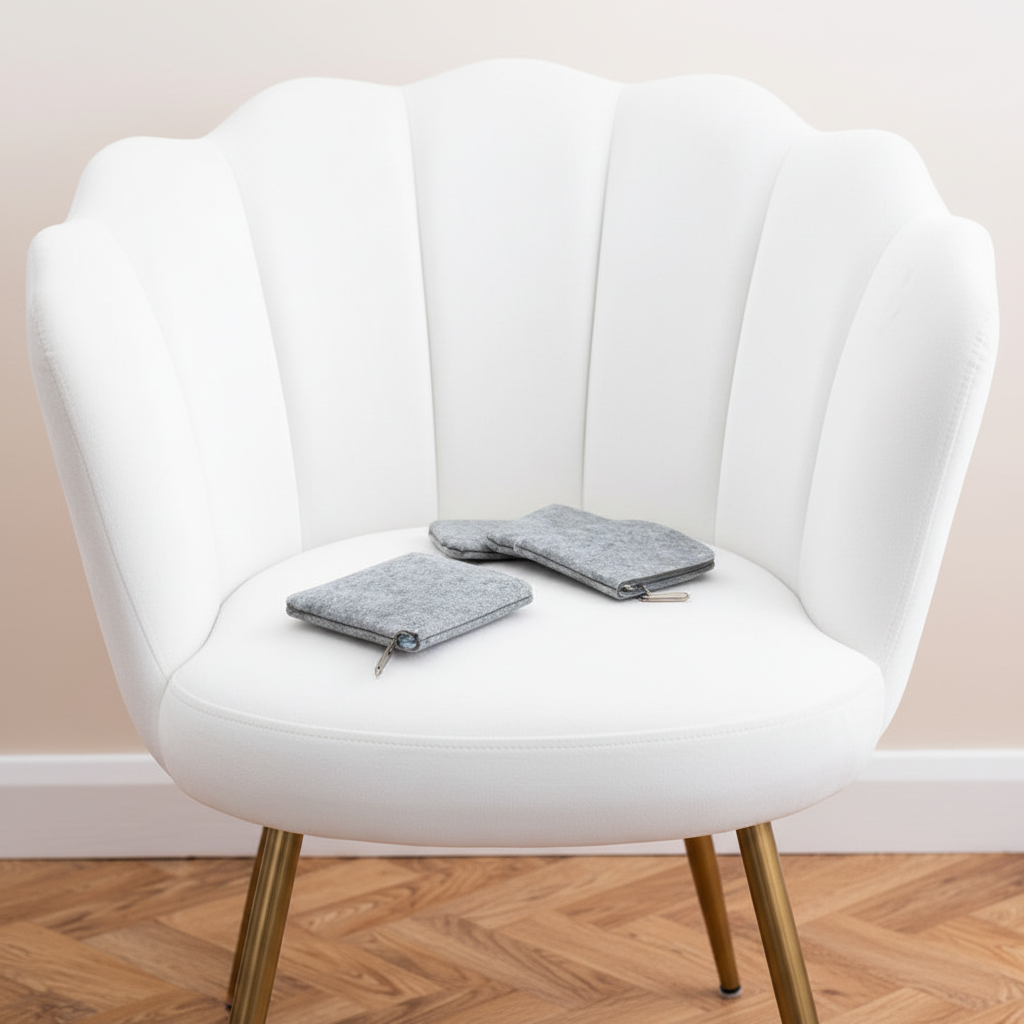 Grey Purse on white velvet chair