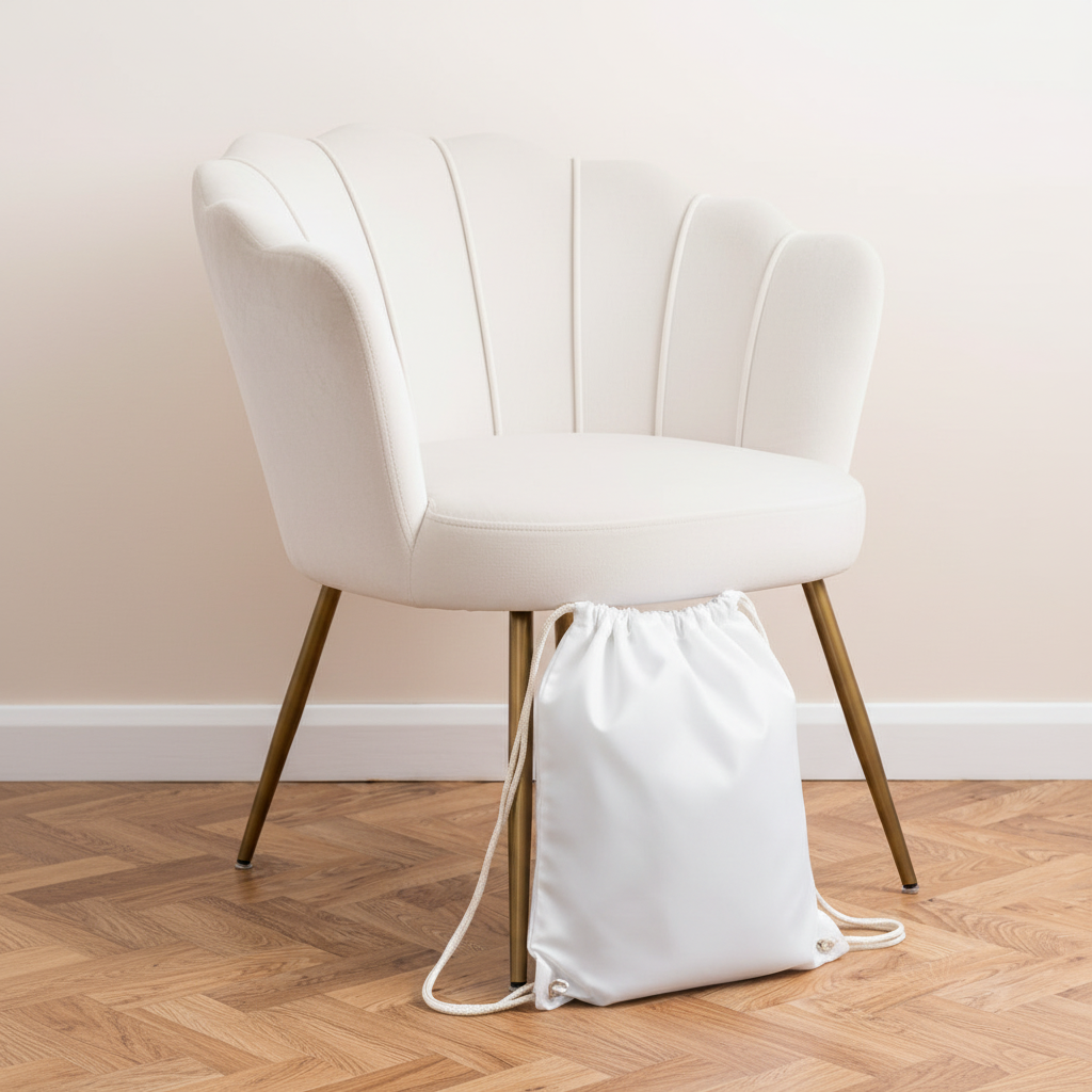 Gymsac next to white velvet chair