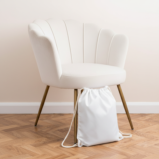 Gymsac next to white velvet chair