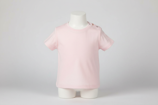 Baby Pink T-Shirt with Poppers on baby mannequin, light grey background