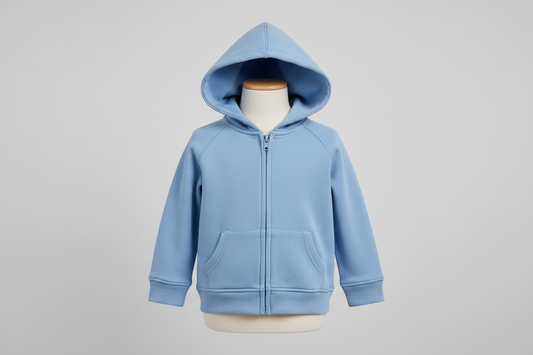Baby Blue Zipped Hoodie on baby mannequin, light grey background