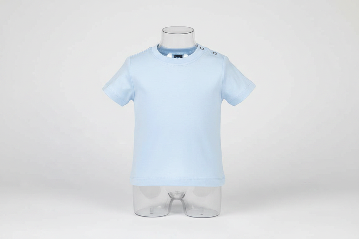 Baby Blue T-Shirt with Poppers on baby mannequin, light grey background