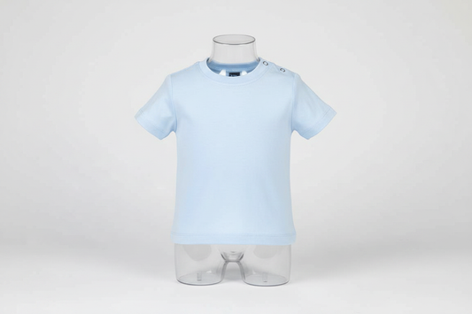 Baby Blue T-Shirt with Poppers on baby mannequin, light grey background