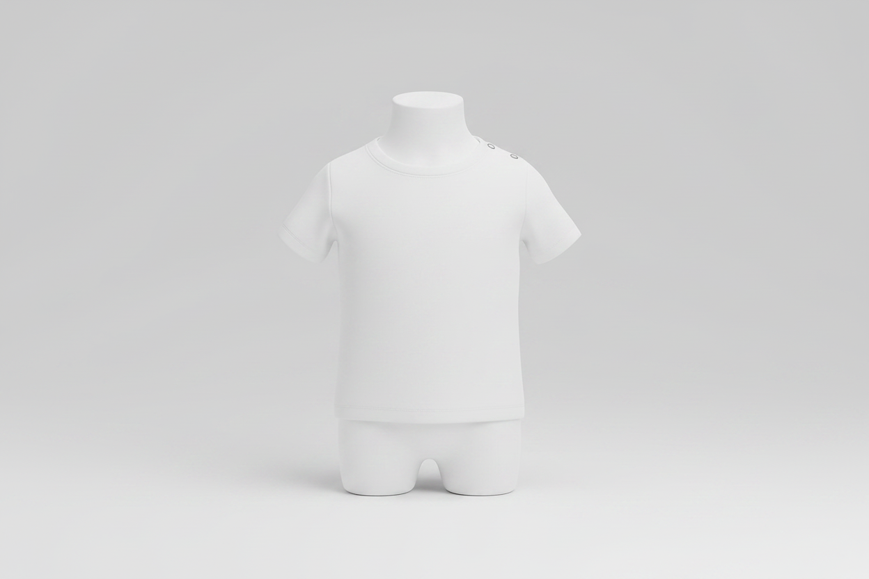 White T-Shirt with Poppers on baby mannequin, light grey background