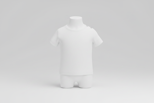 White T-Shirt with Poppers on baby mannequin, light grey background