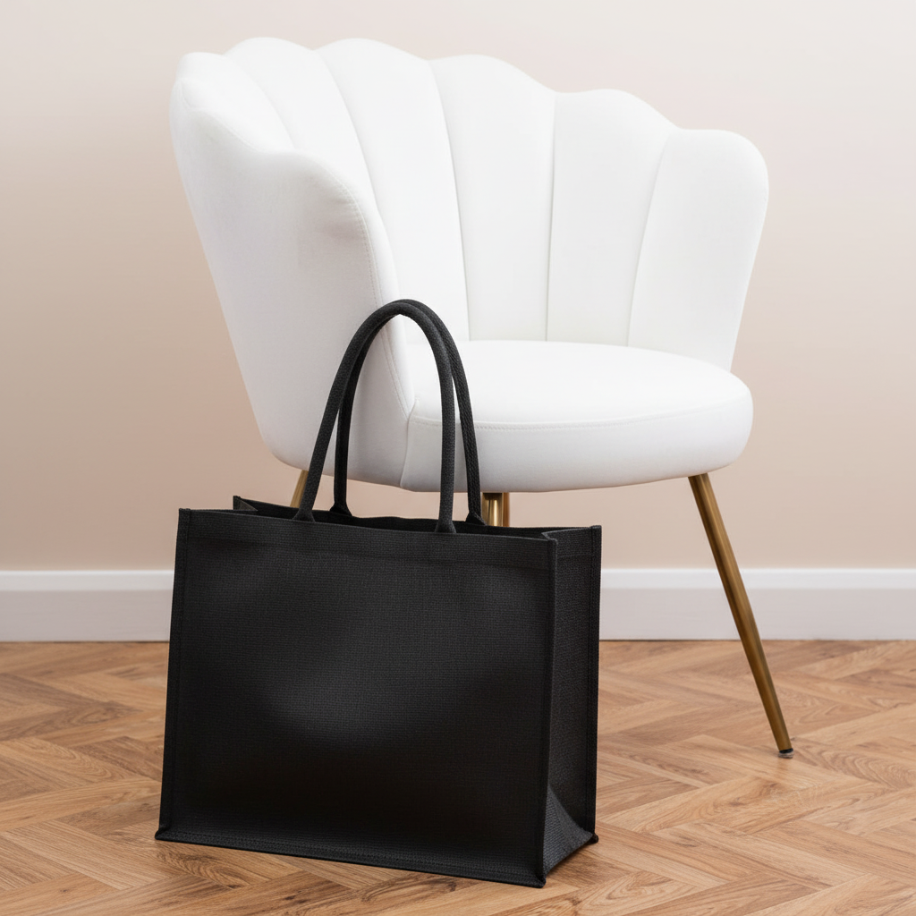 Jute Classic Shopper (black) next to white velvet chair